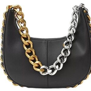 Tiffany & Fred Paris Smooth Black Nappa Leather Chain Strap Soulder Purse, NEW!